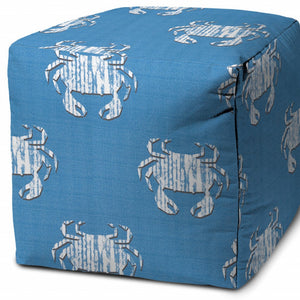 Homeroots 17" Blue And White Polyester Cube Crab Outdoor Pouf Ottoman Soft Royal  474204