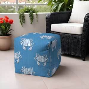 Homeroots 17" Blue And White Polyester Cube Crab Outdoor Pouf Ottoman Soft Royal  474204