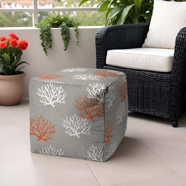 Homeroots 17" Gray White And Orange Polyester Cube Coral Outdoor Pouf Ottoman Grey  474209
