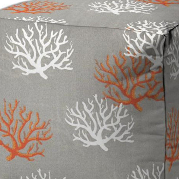 Homeroots 17" Gray White And Orange Polyester Cube Coral Outdoor Pouf Ottoman   474210