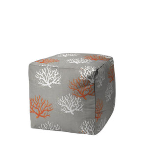 Homeroots 17" Gray White And Orange Polyester Cube Coral Outdoor Pouf Ottoman   474210