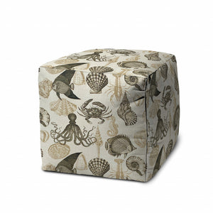 Homeroots 17" Taupe Gray And Beige Polyester Cube Coastal Outdoor Pouf Ottoman   474211