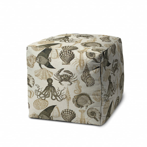 Homeroots 17" Taupe Gray And Beige Polyester Cube Coastal Outdoor Pouf Ottoman   474211