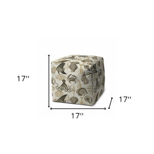 Homeroots 17" Taupe Gray And Beige Polyester Cube Coastal Outdoor Pouf Ottoman   474211