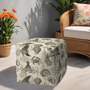 Homeroots 17" Taupe Gray And Beige Polyester Cube Coastal Outdoor Pouf Ottoman   474211