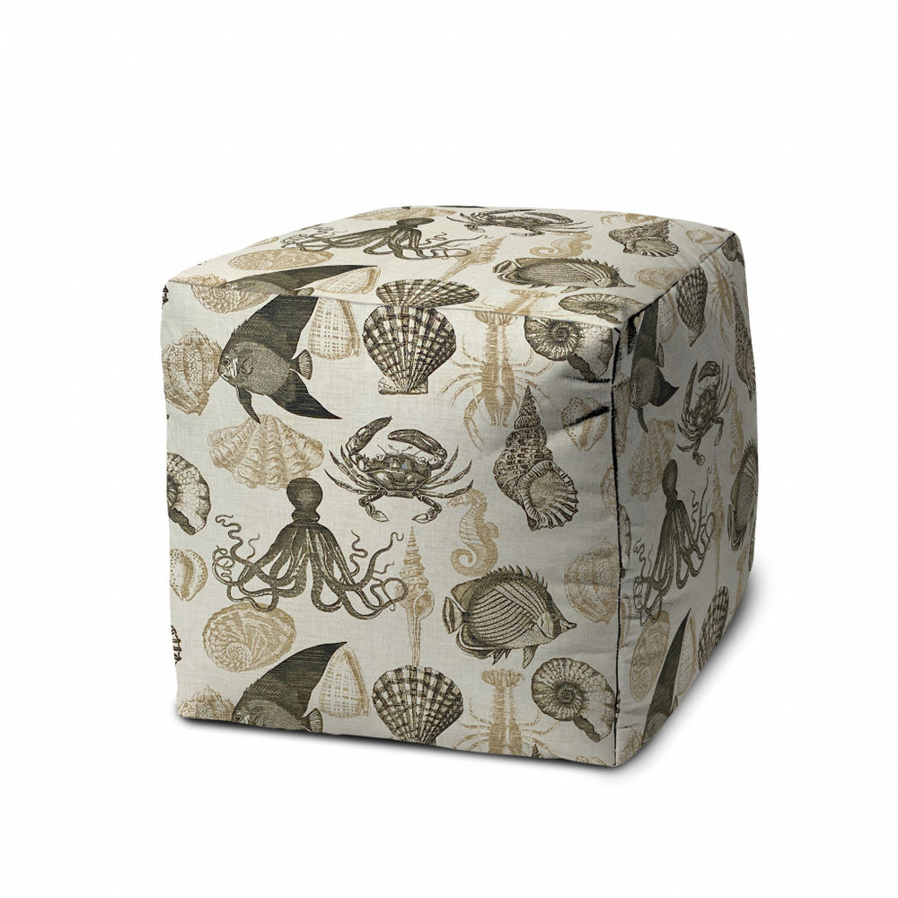 Homeroots 17" Taupe Gray And Beige Polyester Cube Coastal Outdoor Pouf Ottoman   474212