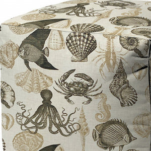 Homeroots 17" Taupe Gray And Beige Polyester Cube Coastal Outdoor Pouf Ottoman   474212