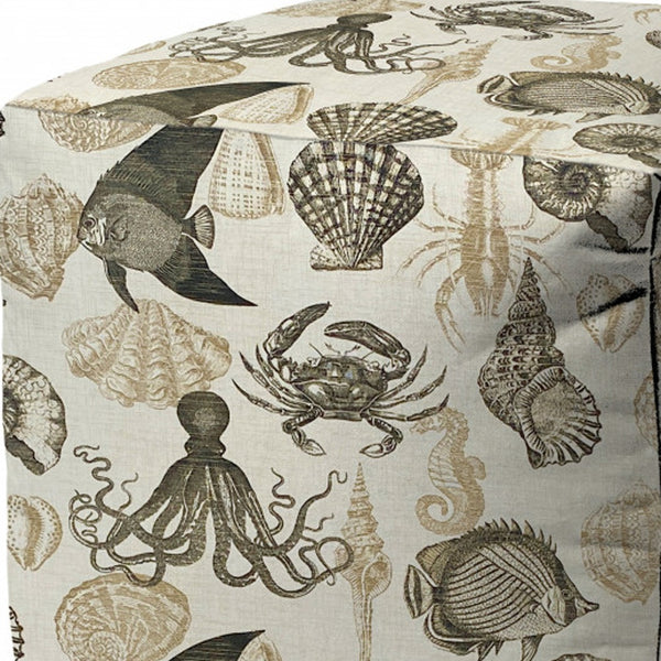 Homeroots 17" Taupe Gray And Beige Polyester Cube Coastal Outdoor Pouf Ottoman   474212