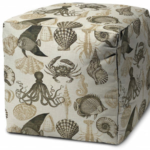 Homeroots 17" Taupe Gray And Beige Polyester Cube Coastal Outdoor Pouf Ottoman   474212
