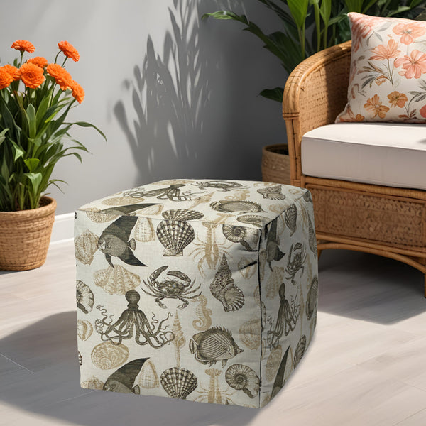 Homeroots 17" Taupe Gray And Beige Polyester Cube Coastal Outdoor Pouf Ottoman   474212