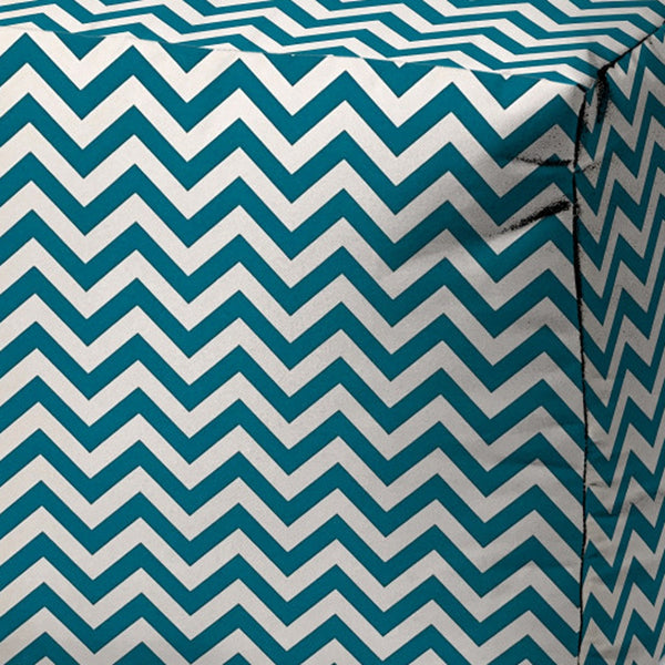 Homeroots 17" Turquoise And White Polyester Cube Chevron Outdoor Pouf Ottoman Turquoise  474217