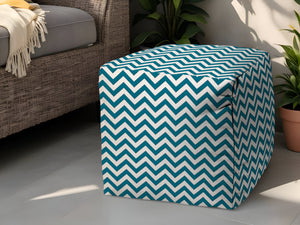 Homeroots 17" Turquoise And White Polyester Cube Chevron Outdoor Pouf Ottoman Turquoise  474217