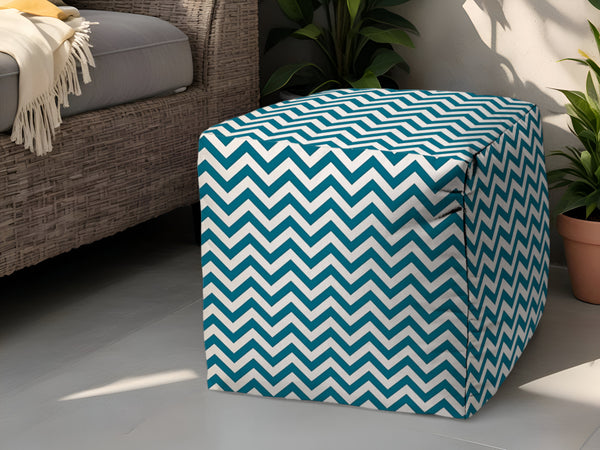 Homeroots 17" Turquoise And White Polyester Cube Chevron Outdoor Pouf Ottoman Turquoise  474217