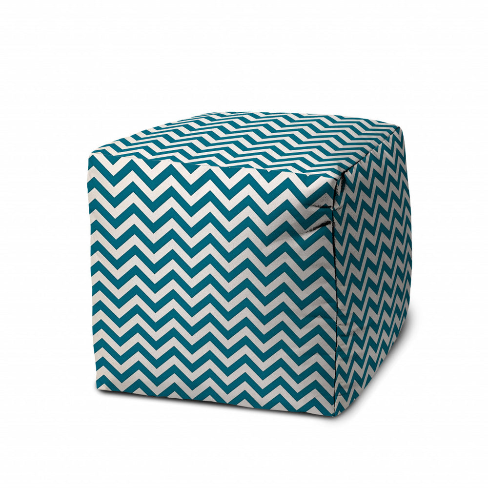 Homeroots 17" Turquoise And White Polyester Cube Chevron Outdoor Pouf Ottoman Turquoise  474218