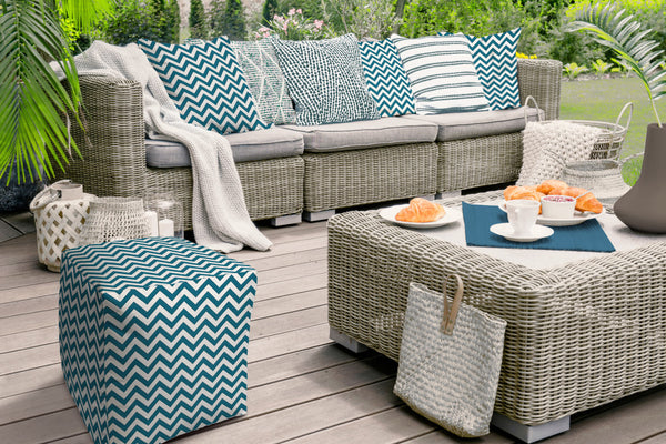 Homeroots 17" Turquoise And White Polyester Cube Chevron Outdoor Pouf Ottoman Turquoise  474218