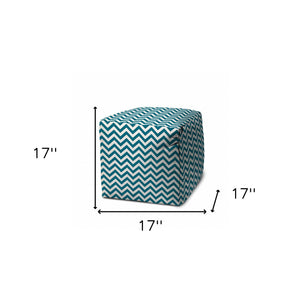 Homeroots 17" Turquoise And White Polyester Cube Chevron Outdoor Pouf Ottoman Turquoise  474218