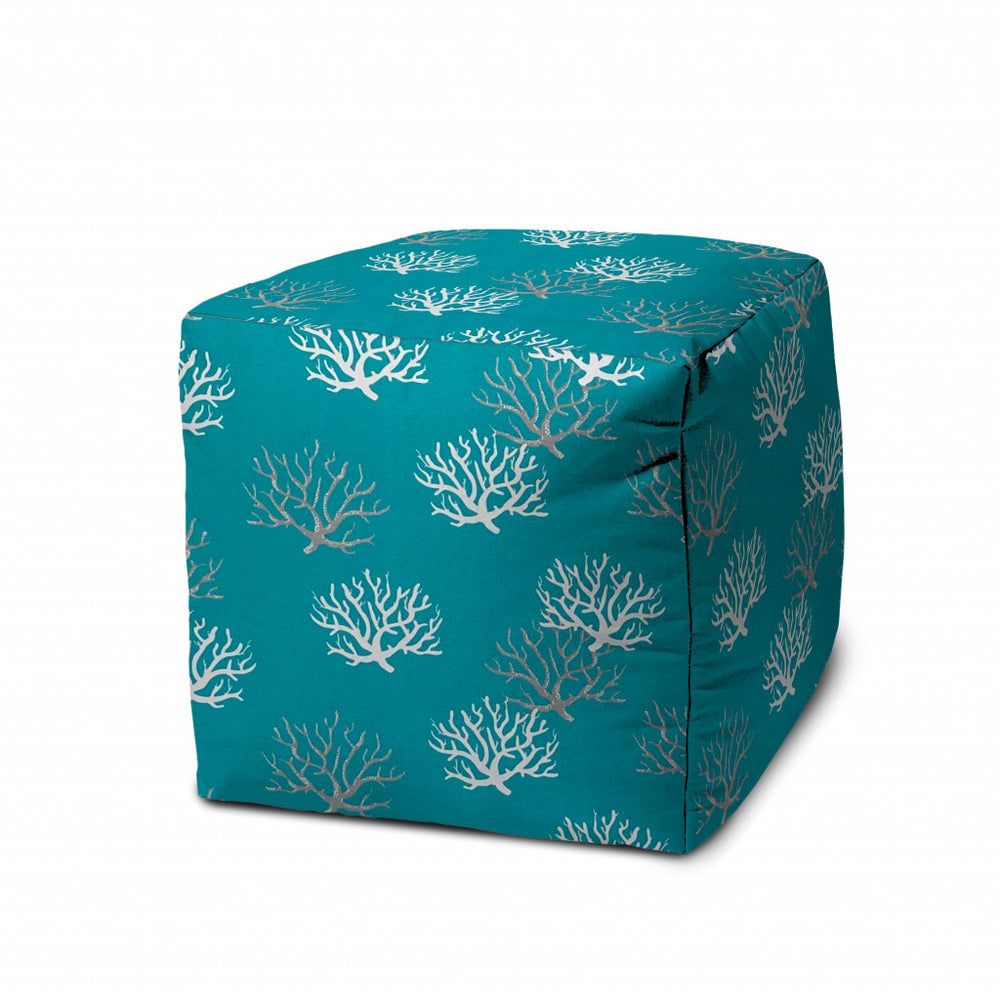 Homeroots 17" Turquoise White And Gray Polyester Cube Coral Outdoor Pouf Ottoman Turquoise  474219