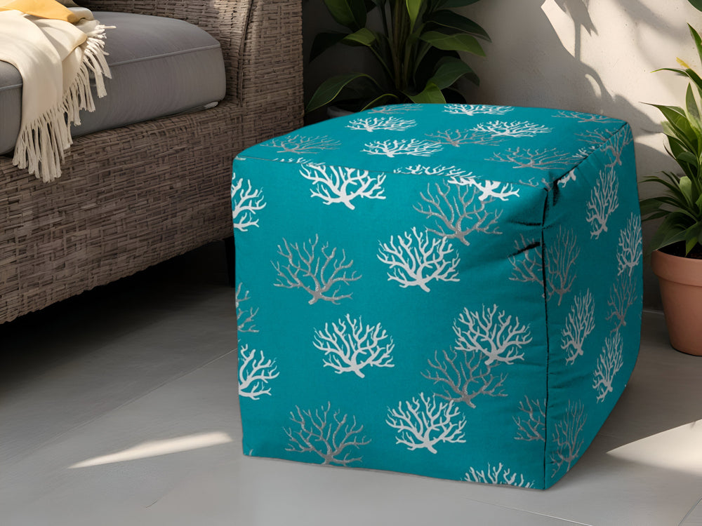Homeroots 17" Turquoise White And Gray Polyester Cube Coral Outdoor Pouf Ottoman Turquoise  474219