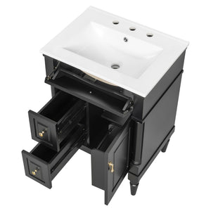 English Elm 24 Inch Freestanding Vanity with Ceramic Sink Rubberwood Frame Matte Finish Storage Black N725P356058B