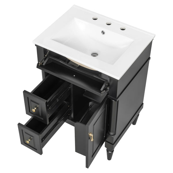 English Elm 24 Inch Freestanding Vanity with Ceramic Sink Rubberwood Frame Matte Finish Storage Black N725P356058B