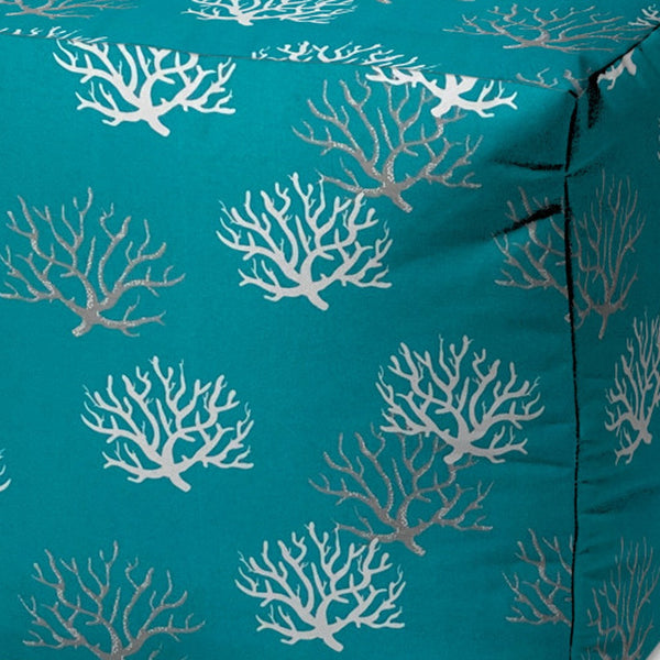 Homeroots 17" Turquoise White And Gray Polyester Cube Coral Outdoor Pouf Ottoman Aqua,Turquoise  474220