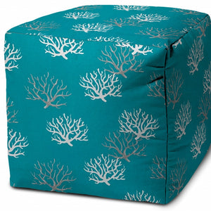 Homeroots 17" Turquoise White And Gray Polyester Cube Coral Outdoor Pouf Ottoman Aqua,Turquoise  474220