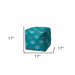 Homeroots 17" Turquoise White And Gray Polyester Cube Coral Outdoor Pouf Ottoman Aqua,Turquoise  474220