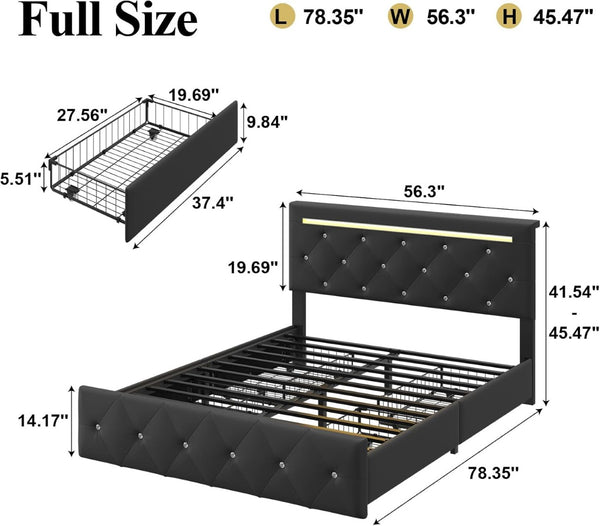 English Elm Full Size Pu Leather Storage Bed with Rgb Led Headboard and Charging Station Black W5722P462440