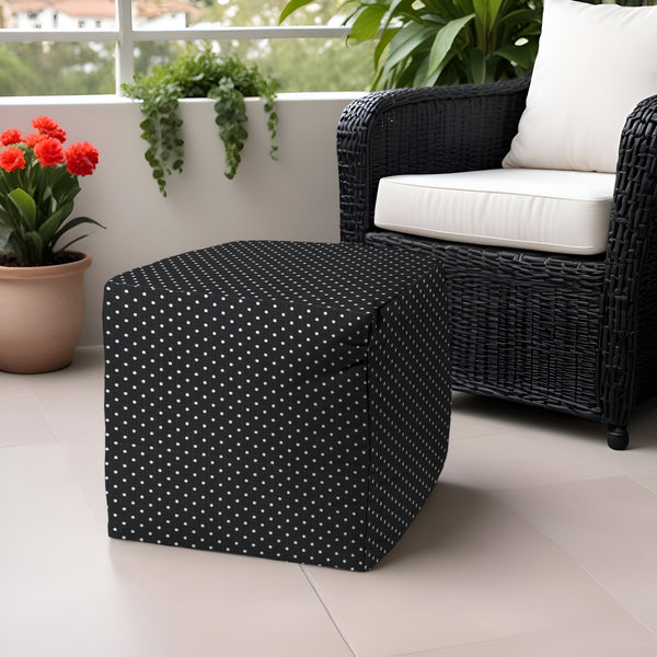 Homeroots 17" Black Polyester Cube Polka Dots Indoor Outdoor Pouf Ottoman Black  474346
