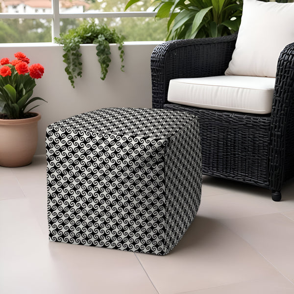 Homeroots 17" Black And White Polyester Cube Geometric Indoor Outdoor Pouf Ottoman   474350