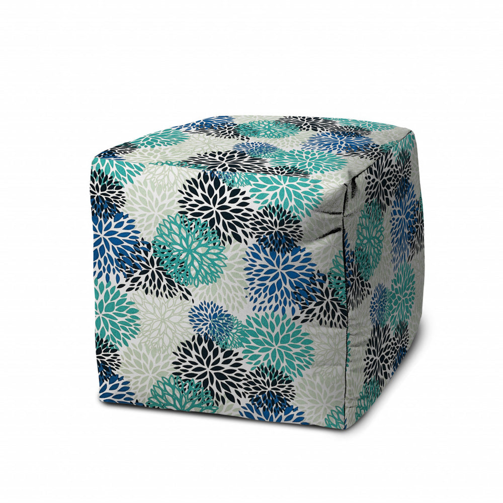 Homeroots 17" Blue Polyester Cube Floral Indoor Outdoor Pouf Ottoman   474357