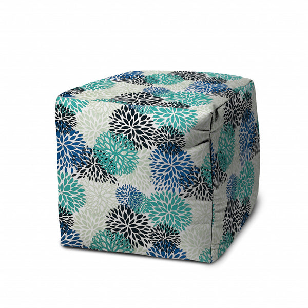 Homeroots 17" Blue Polyester Cube Floral Indoor Outdoor Pouf Ottoman   474357