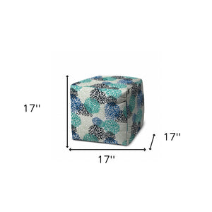 Homeroots 17" Blue Polyester Cube Floral Indoor Outdoor Pouf Ottoman   474357