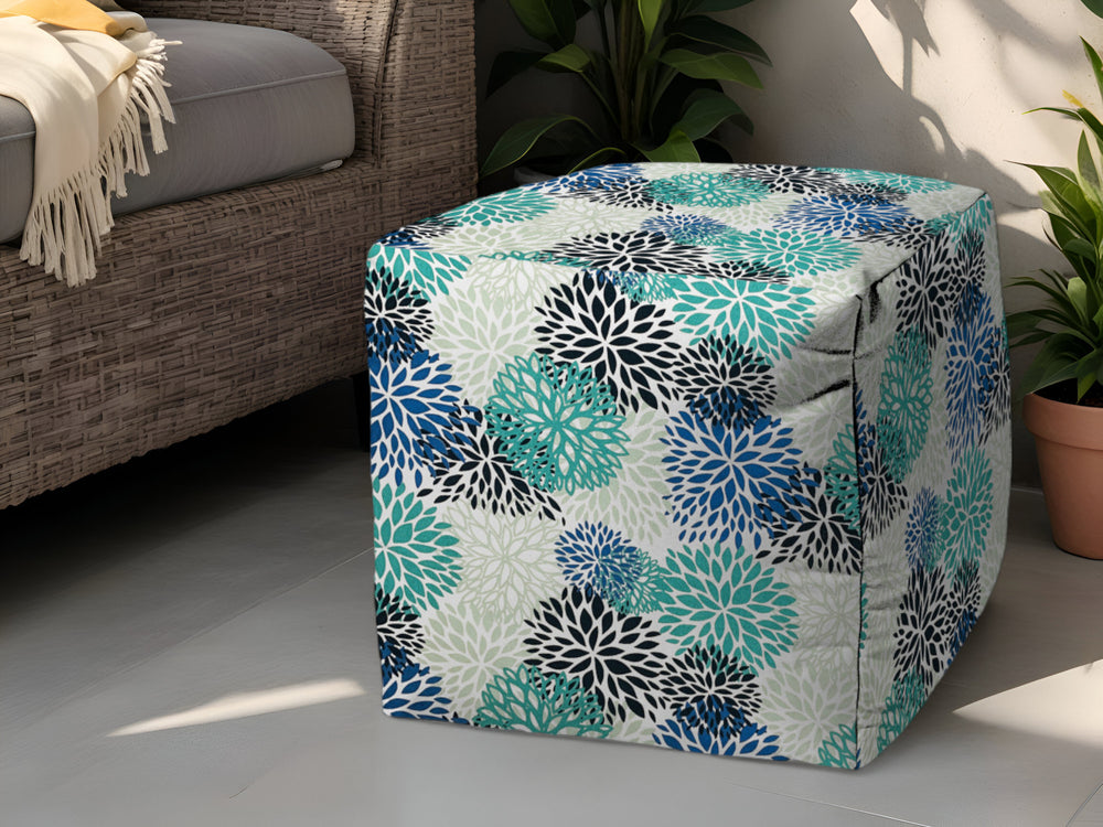 Homeroots 17" Blue Polyester Cube Floral Indoor Outdoor Pouf Ottoman Turquoise  474358
