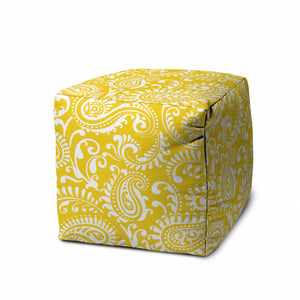 Homeroots 17" Yellow Polyester Cube Paisley Indoor Outdoor Pouf Ottoman Pineapple  474362