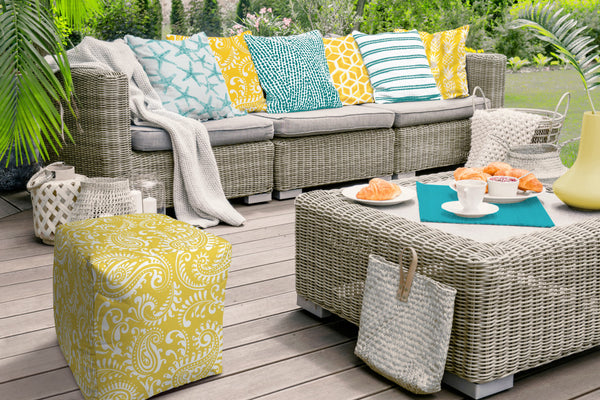 Homeroots 17" Yellow Polyester Cube Paisley Indoor Outdoor Pouf Ottoman Pineapple  474362
