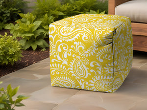 Homeroots 17" Yellow Polyester Cube Paisley Indoor Outdoor Pouf Ottoman Pineapple  474362