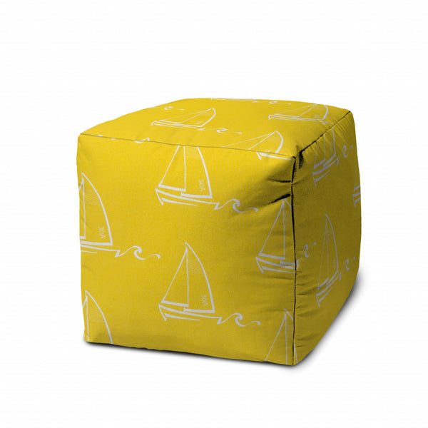 Homeroots 17" Yellow And White Sailboat Indoor Outdoor Cube Ottoman   474364