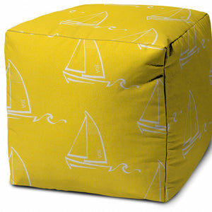 Homeroots 17" Yellow And White Sailboat Indoor Outdoor Cube Ottoman   474364