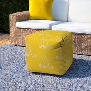 Homeroots 17" Yellow And White Sailboat Indoor Outdoor Cube Ottoman   474364