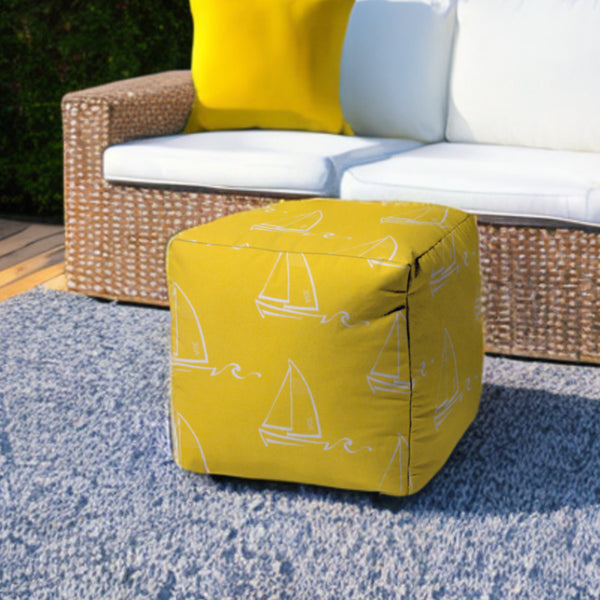 Homeroots 17" Yellow And White Sailboat Indoor Outdoor Cube Ottoman   474364