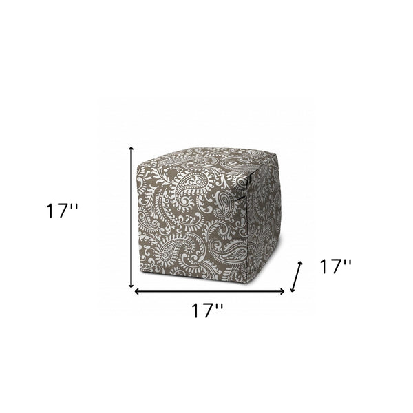 Homeroots 17" Taupe Polyester Cube Paisley Indoor Outdoor Pouf Ottoman Taupe  474373