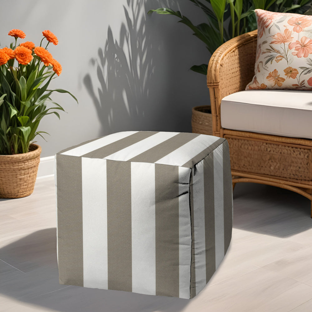 Homeroots 17" Taupe Polyester Cube Striped Indoor Outdoor Pouf Ottoman Med Taupe  474377