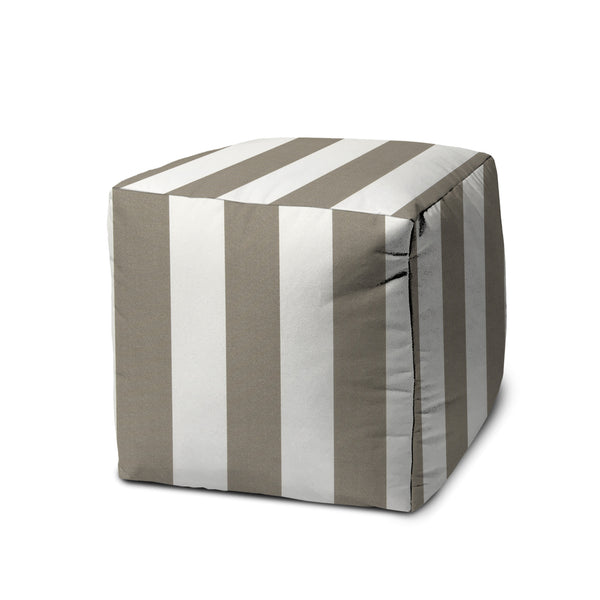 Homeroots 17" Taupe Polyester Cube Striped Indoor Outdoor Pouf Ottoman Taupe  474378