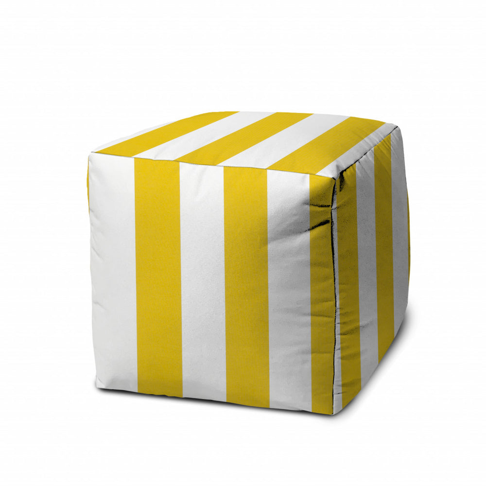 Homeroots 17" Yellow And White Polyester Cube Striped Indoor Outdoor Pouf Ottoman Yellow  474389