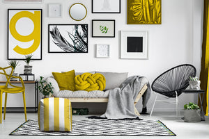 Homeroots 17" Yellow And White Polyester Cube Striped Indoor Outdoor Pouf Ottoman Yellow  474389