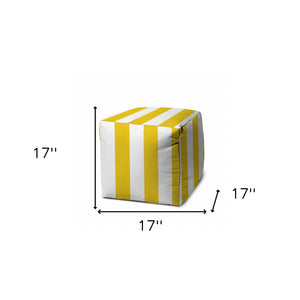 Homeroots 17" Yellow And White Polyester Cube Striped Indoor Outdoor Pouf Ottoman Yellow  474389