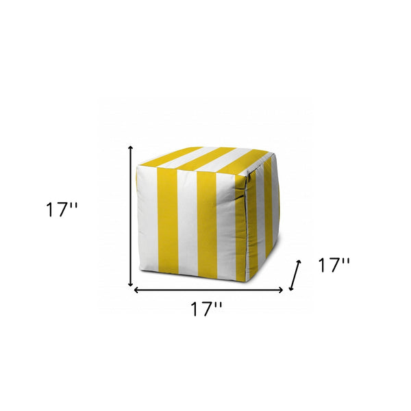 Homeroots 17" Yellow And White Polyester Cube Striped Indoor Outdoor Pouf Ottoman Pineapple  474390