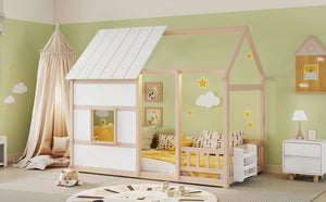 English Elm Twin House Frame Floor Bed Pinewood Build with Led Roofline Kids Bedroom Cream,White W697P435884