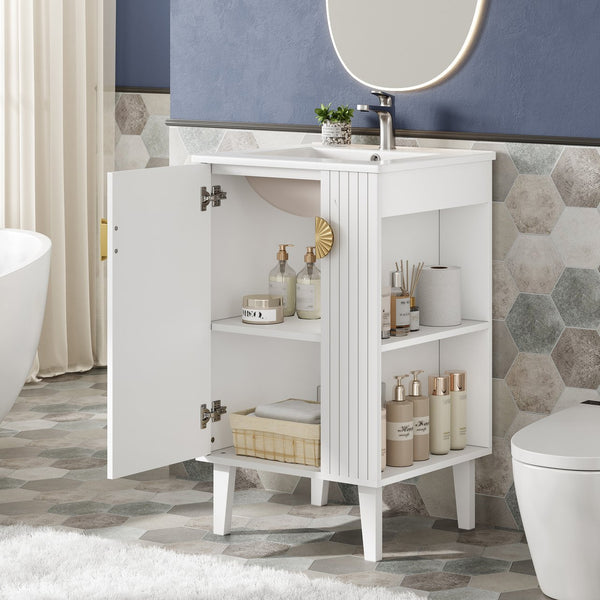 English Elm 20-inch French Style Bathroom Vanity with Integrated Ceramic Sink, Carved Accents & Soft-Close Door White N710P330971K
